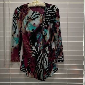 Joseph Ribkoff Abstract Zip-Front Long Sleeve Top in Magenta, Teal and Black